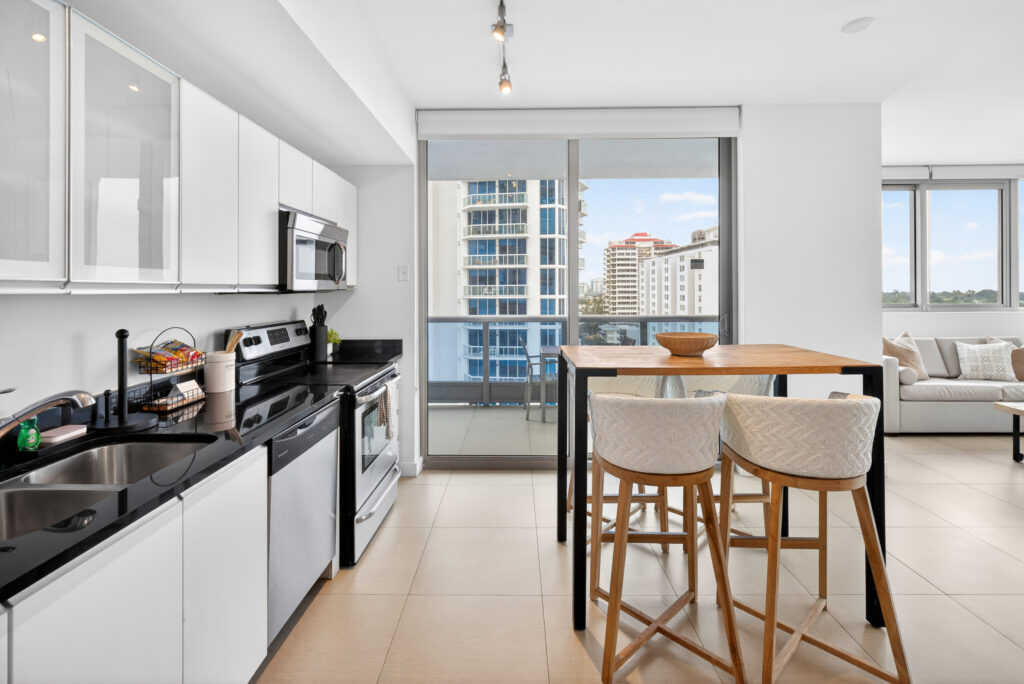 Chic and modern dining area in luxury Miami Beach vacation rental.