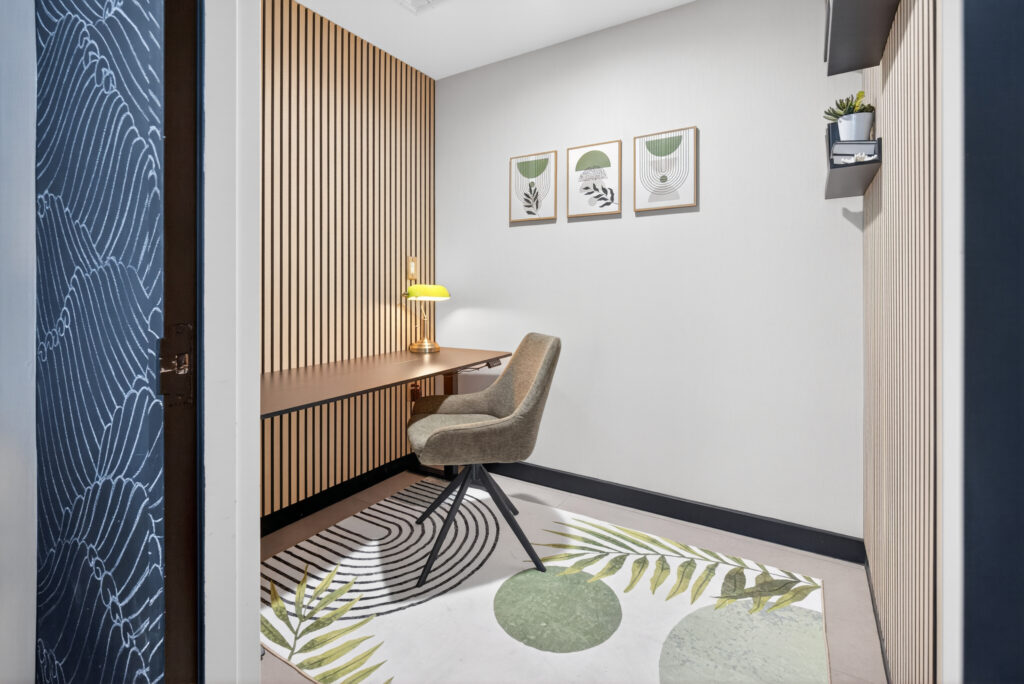 Modern business room with sleek wooden paneling and minimalistic decor