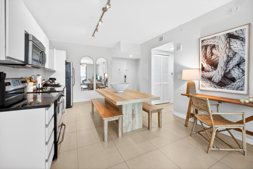 Spacious dining area in Miami Beach vacation rental with modern decor